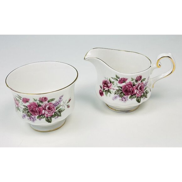 VTG QUEEN ANNE Handpainted Bone China Pink Rose CREAMER & SUGAR 8544 England EUC - Picture 1 of 5